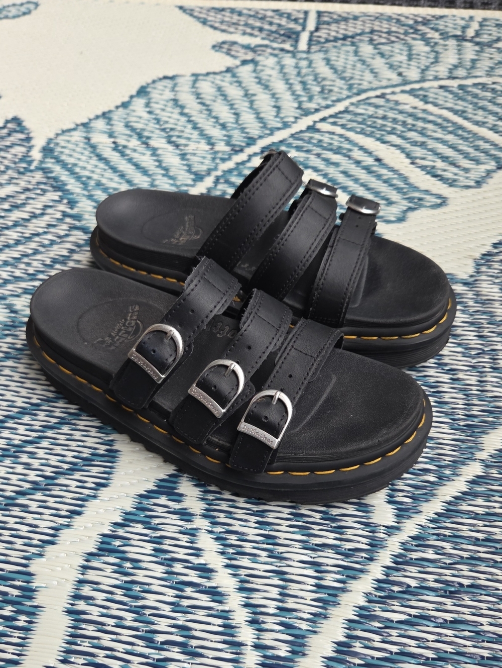 Dr. Martens Black Triple-Buckle Slide Sandals with Yellow Stitching